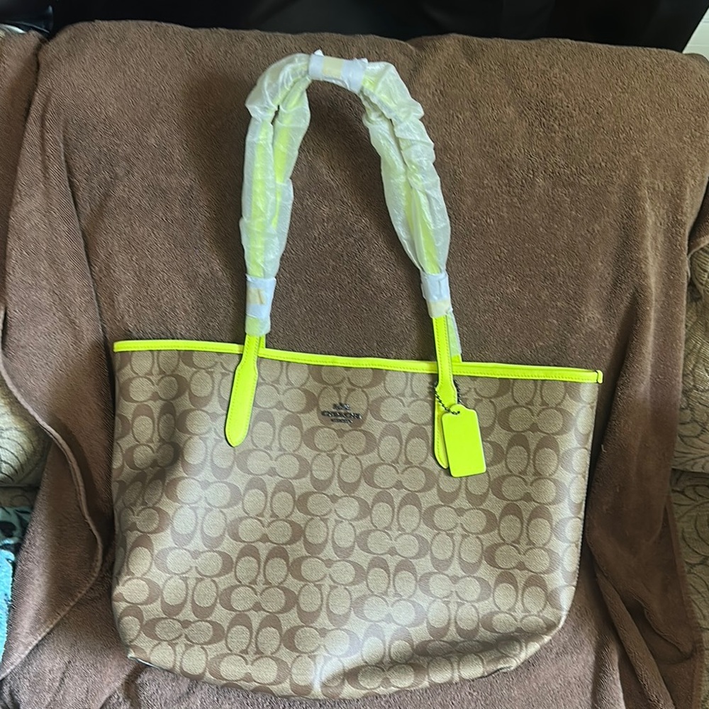 Coach Light Brown and Neon Yellow Signature Tote